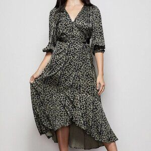Good American green black long sleeve leopard print wrap dress